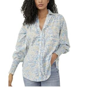 Free People Wild Gardenia Floral Blouse Garden Combo‎ Size S Blue Cotton Smocked